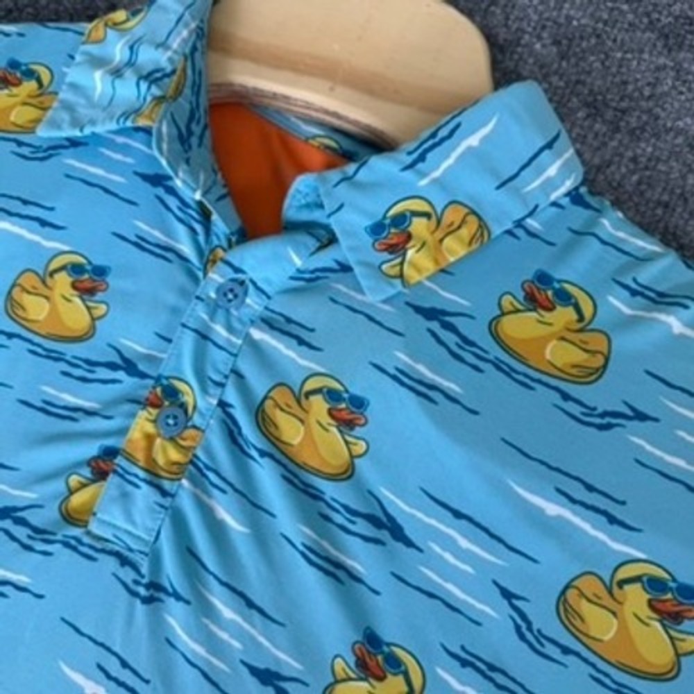 Birdie Bound Polo Shirt Men M Rubber Duck Print Polyester Spandex Blue Golf 2024